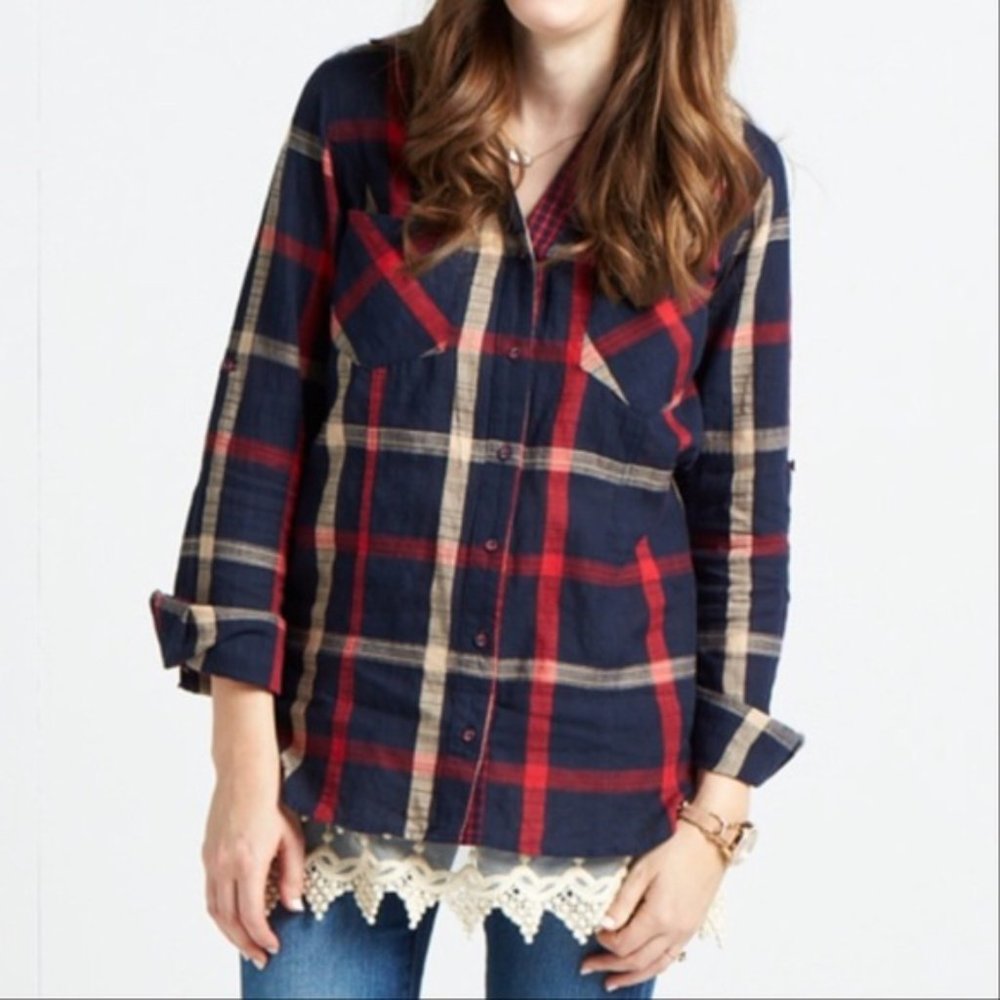 SKIES ARE BLUE Lawler cotton plaid tab-sleeve button Stitch Fix western top